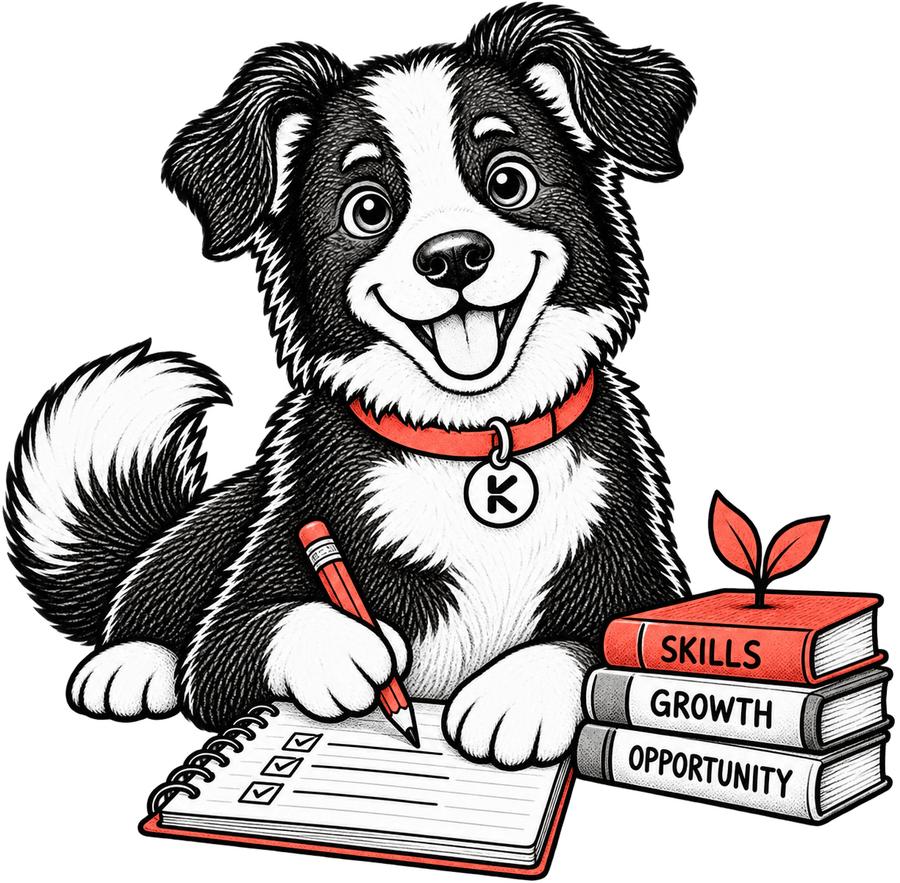 Scout, Klaar's mascot, writing a development checklist beside books