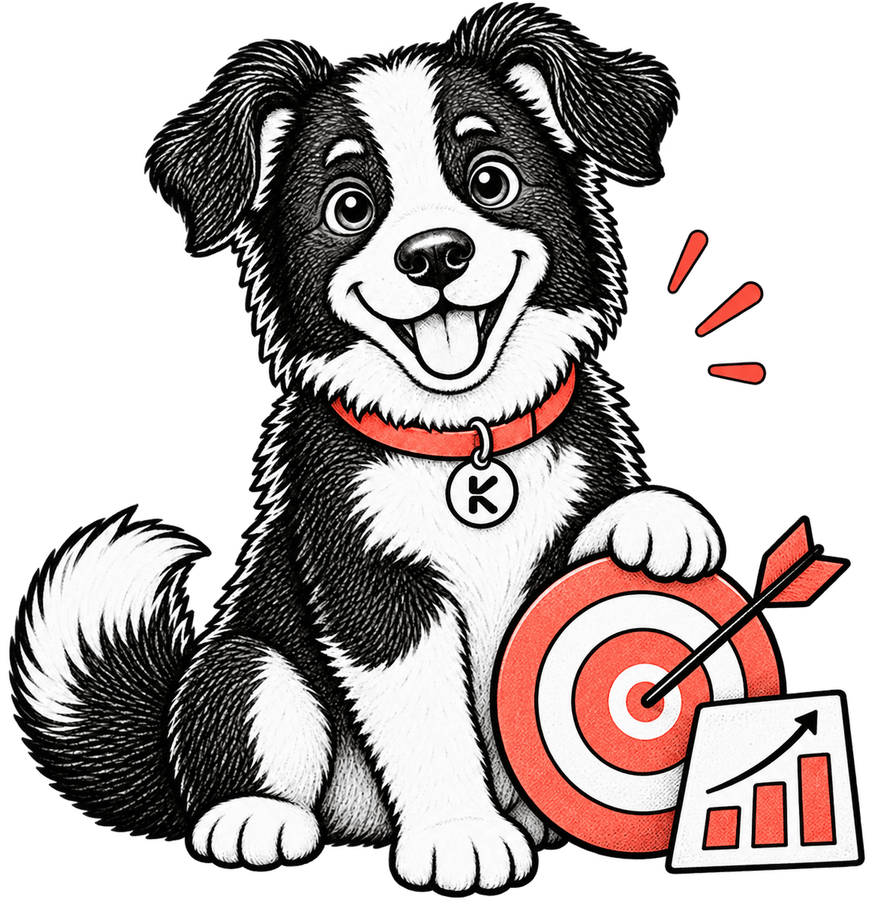 Scout, Klaar's mascot, beside a target and a rising chart