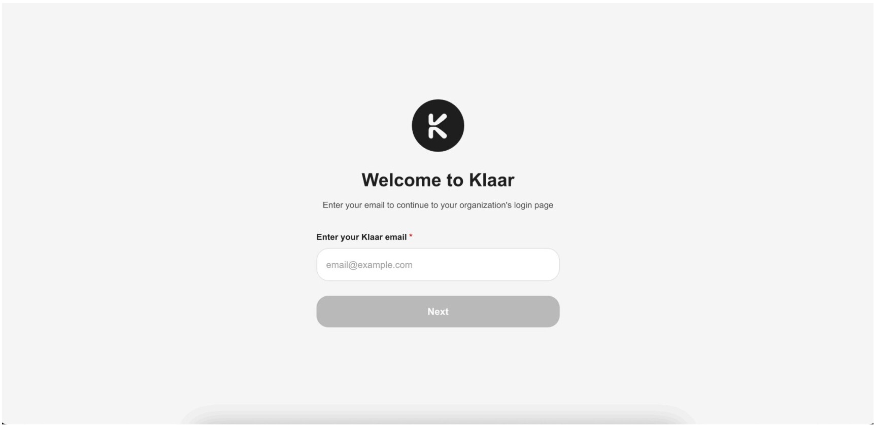 The Klaar welcome screen asking for your work email