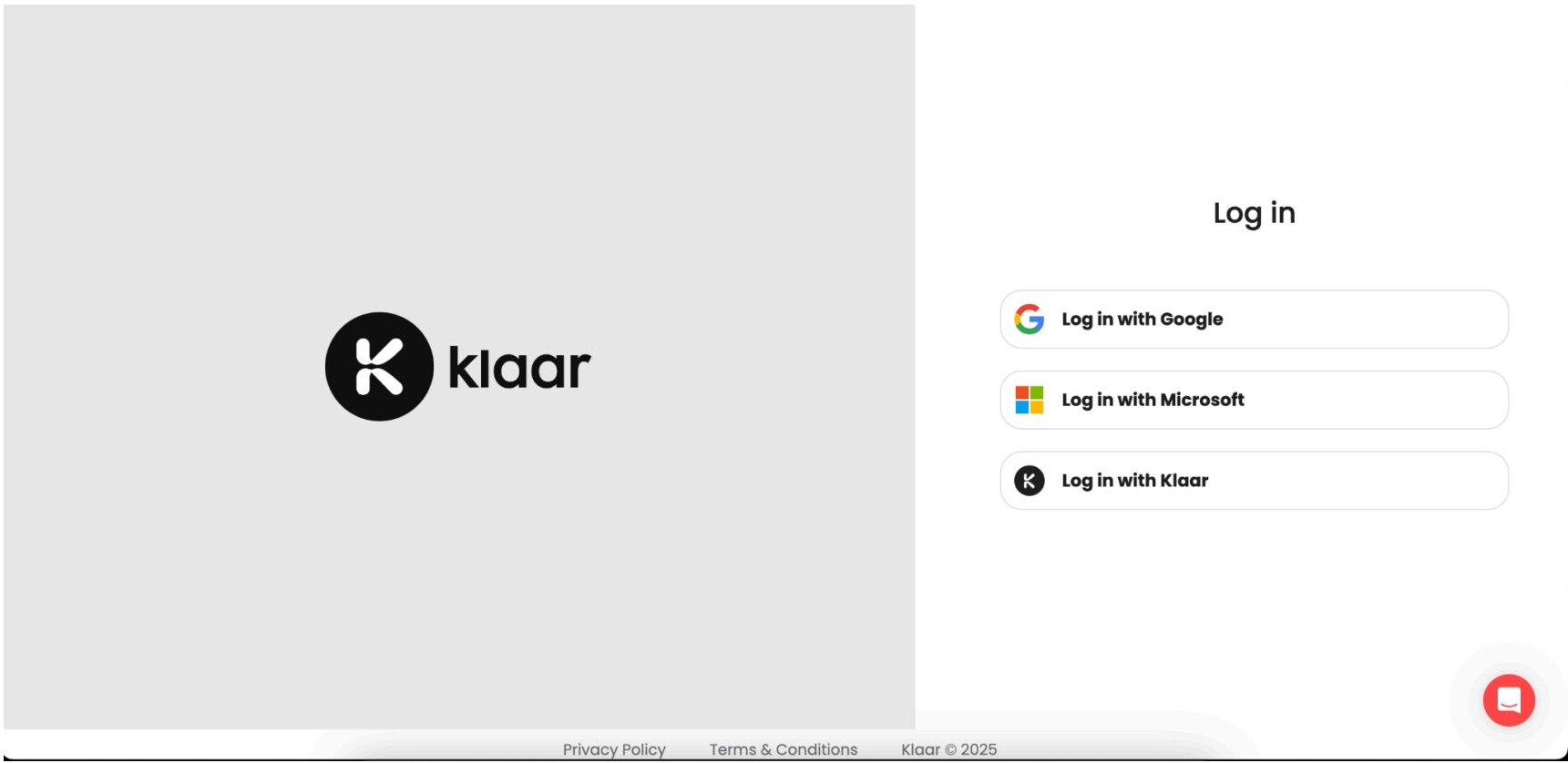 The Klaar login screen with Google, Microsoft and email options