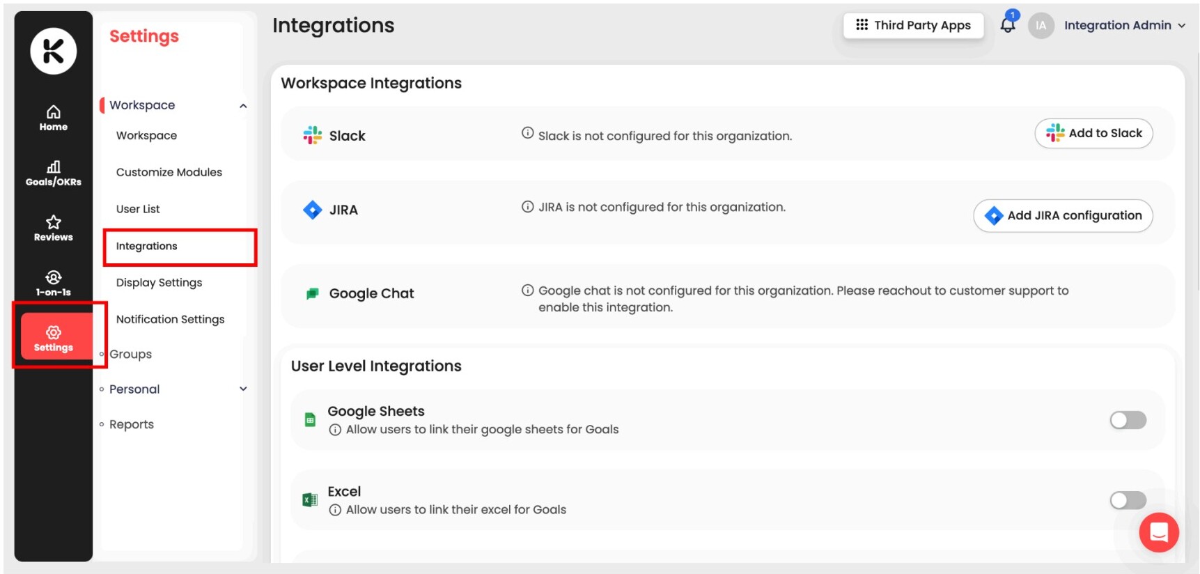 Klaar Settings with Workspace and Integration highlighted