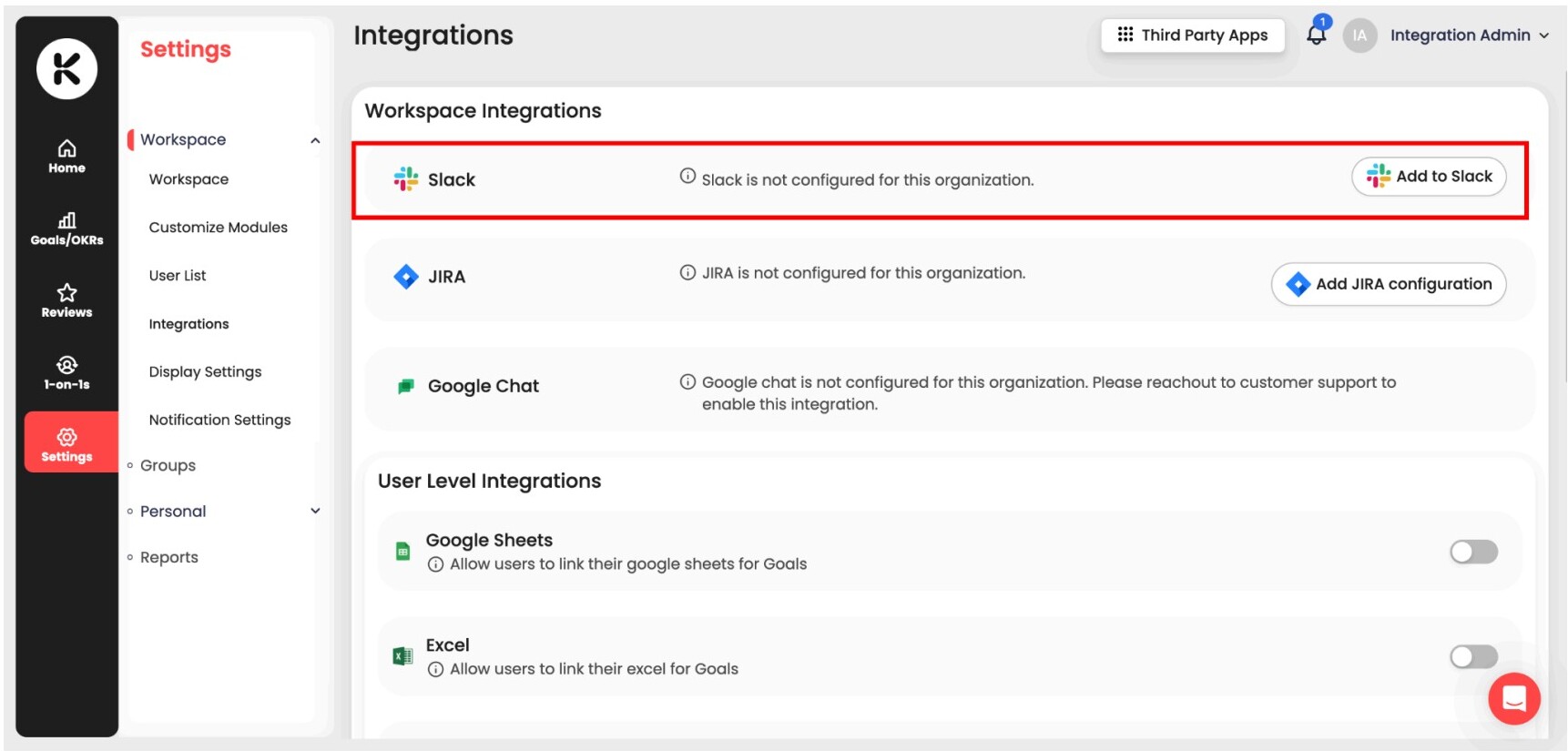 The Workspace Integrations list with the Add to Slack button highlighted