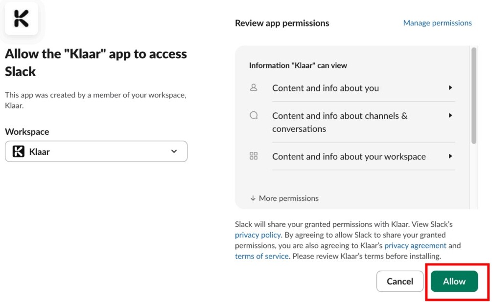 Slack asking to allow the Klaar app access to a workspace